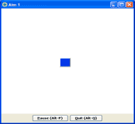 This shows a screenshot of the Compass Aim test.  A blue square is displayed at roughly the middle of the screen.  The rest of the test screen is empty.  The user needs to move their mouse cursor into the blue square and click on it.  Then the next square appears, at a new location, until all targets in the test have been presented. 
