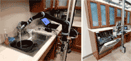 There are two pictures in Figure 1. The picture on the left shows a close-up view of the Kitchenbot for turning on the faucet. The picture on the right shows a full view of the kitchenbot in action of opening the dishwasher and pulling out the shelf inside the dishwasher. For both pictures, the Kitchenbot includes an robotic manipulator mounted on a vertical track which has a base on the floor and a upper carriage moving along a horizontal track mounted along the ceiling of the kitchen. 