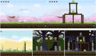 : Picture of the game app used for evaluation. The purpose of this game is to destroy all the enemies that look like green pigs. The user shoots the bird on the left side of the screen by adjusting the level of intensity and the angle with his or her finger. The launched bird knocks over the structures in the game thereby collapsing the enemies. The building materials of the structures are wooden planks, rocks, and stone bars, and they differ in size, weight and friction so the user needs to adjust his strategy according to the way the structures are built in each level. There are four stages in this game, and the level of difficulty increases as the stage progresses