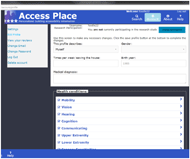 This figure depicts the AccessPlace search page. The top banner at the top of the page has the ARB logo and the words “AccessPlace”. Below this on the left half of the screen is a map with small red markers to indicate locations. Each has a letter within it. To the right is a list of businesses, with a small red marker next to each. Each matches a location marked on the screen by the letters in the red markers.  