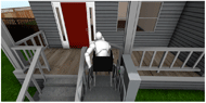 Entrance modified with a vertical lift.  The image shows an avatar who uses a manual wheelchair riding up on the lift and pushing open the lift gate at the top of the porch. 