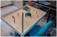 Figure 1 shows the set up for the play area. It consists of a blue chair where the child sat during the play session, in front of it is a table with a wall of plexiglass. On the table is the Lego Mindstorm robot and the conventional toys used.  