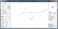 Screenshot of the guidance virtual fixture software running on a personal computer. The screenshot shows a traditional windows application layout. The majority of the layout comprises of an editing panel where a Bezier curve is drawn. A series of points and lines illustrate curtail positions of various elements and the important direction components needed for the calculation of the final output velocity. The left side of the layout contains important editing and parameter tools while the right side of the layout features system information for debugging purposes. 