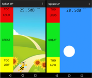 Screenshots of the application pages: Left image shows an animated background with a bee image that moves vertically along the screen (main application screen). The bee location corresponds to the relative decibel level of the user speaking into the phone. The user knows if they are speaking at a correct volume because of three color zones on the left side of the screen extending vertically upwards. These color zones are “Too Low”, “Great”, and “Too High”. This orientation is designed for pediatric users. The right image shows a solid background with a ball image that moves relative to the decibel volume for the main application screen. This orientation is designed for adult users. Users have the option to choose between screen orientations.
