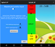 Screenshots of the application pages: The left image is a screenshot of the level adjustment screen. This screen allows users to input the maximum and minimum cutoff levels for the great range on the corresponding main application screen (right image). The main application screen does not change the user interface, but instead the moving bee/ball image adjusts its degree of movement based on the input from the user.  