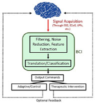 The hierarchy of a BCI system is shown. Brain at the top of the schematic is the source from which the EEG signals are acquired. These signals then go to the BCI system. The BCI system has two building blocks. Filtering, Noise Reduction, and Feature Extraction is first in order in a BCI system. The EEG signal goes to the Translation/Classification block of the BCI system. After classification of signals, the BCI system decides what should be the Output Commands and based on the application, these commands can either be Adaptive/Control commands, or Therapeutic Intervention ones. After the commands are generated for the specific purpose of the application, the subject may or may not receive a feedback. If the subject receives some feedback indicating his/her performance, the loop is closed by the information that are being received by the brain, and then the process repeats itself. In these cases, the BCI system is usually called a “neurofeedback” system. 