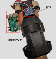 Figure 1. The Figure shows a black color 3D printed wrist orthotic worn on the hand of an individual. The wrist orthotic has an Inertial Measurement Unit and wires connect it to the Raspberry Pi. The wrist orthotic fits the shape of the individual’s hand  