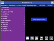 Figure 1 show the first page of the AccessTools evaluation page. The right half of the page is purple, with a list of 12 building elements listed from top to bottom. The right side of the page is black, with a blue button in the middle with a left-pointing arrow and the text “Select an element to begin”.  On the bottom of the black half of the page are icons depicting a camera, video camera, buildings, a light bulb, a sound icon, and a path.  The top of the page is a blue banner with a menu icon in the top left corner, the text “AccessTools” in the center, and the ARB logo (stylized white cityscape) in the left corner. 
