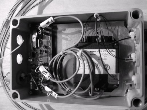 Figure 2: The Fiber-optic Interface Unit, with numbers 1, 2, and 3 identifying connections to the Autohelm interface card.  The black box to the right contains the fiber-optic relays.  The furthest right edge of the box shows the individual fibers going out to the sensors.
