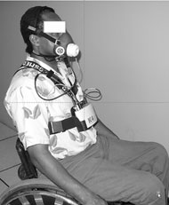 This photograph shows a representative subject wearing the COSMED facemask for measuring breath-by-breath metabolic energy expenditure during wheelchair propulsion.