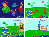Cosmo’s Play and Learn screen shots.  The game’s main screen (upper left) is the “hub”—here, the child chooses which planet Cosmo will visit (remaning screens).  There are various activities and levels of difficulty on each planet, providing a variety of skill levels, targeted goals, and interests.