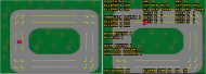 This figure shows two screen shots of the virtual driving simulator. The left screenshot shows the wheelchair sprite stationed on the rectangular track. The right one shows status and control parameters superimposed on the driving track.  
