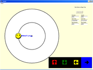 Figure 1 shows the target selection interface.  It consists of two concentric circles, one double the diameter of the other.  A target appears at the 9 o’clock position of the inner circle with a trail of dots, representing the cursor, leading to the image.  In the lower right hand corner a direction selection menu appears with arrows indicating up, down, left, and right directions.  Direction, speed, start time, end time, maximum direction, and maximum speed are shown in real time feedback boxes at the top right hand corner of the screen as well as a button to begin acquiring data.   