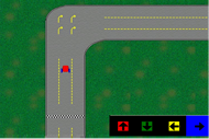 Figure 2 shows the virtual driving interface.  The picture shows a car moving up the center of a two dimensional track.  The track consists of a 90 degree right hand turn and has yellow dotted lines guiding the driver to remain in the center of the track.  In the lower right hand corner a direction selection menu appears with arrows indicating up, down, left, and right directions.   