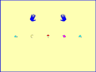 ‘Explodin Colors’ is a game designed by one group of students at the Liberty Science Center Camp.  There are seven game icons spread out across a rectangular playing area.  Two large blue icons in the shape of a human hand represent the user’s position and the five other game icons are represented by a turquoise blue ocean wave shape, a yellow crescent moon, a red umbrella, a purple turtle and a turquoise dolphin.  The user’s icons work together to attack the five traveling game icons.   