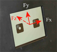 Image of the touch screen which is displaying the reciprocal tapping buttons.  The coordinate system defining forces in the x, y, and z directions is overlayed. 