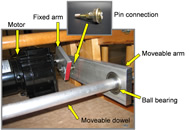 Image shows moveable arm system. The motor sits securely underneath the chair. The fixed arm, moveable arm, and moveable dowel are made of aluminum. The fixed arm is 3” in length and the moveable arm is 8.5” in length. The shaft of the motor is attached on one end of the fixed arm. A pin bearing 1.5” lengthwise from the shaft connects the fixed arm to the moveable arm. A ball bearing 6.5” lengthwise from the pin bearing attaches the moveable arm to the moveable rod. The pin bearing and ball bearing allow nearly frictionless movement between the fixed and moveable arms and between the moveable arm and dowel, respectively. 