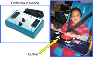 Image shows the PowerLink2 device and child using the button while sitting in the chair. The PowerLink2 is a box with dimensions 12” x 8” x 3”. On its top are four power outlets and two dials. The dials adjust the setting features. On the front is a plug for a button, and on the back is the power cord that plugs into the wall power outlet. In the picture of the child using the button, the button is sitting on the desk. The child’s left hand is resting on the button, and he is smiling. 