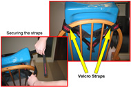 Image shows the Velcro straps used to attach the Tumble Forms to the back of the rocking chair.  There are two pictures in this image; the left picture shows a backside view of the chair with the child seat fully attached.  The two Velcro straps fit through the slits on the either side of the child seat and wrap around the dowels on the back of the chair. The right picture demonstrates how to attach one of the Velcro straps.  By wrapping the strap through one of the slits on the child seat and around the chair dowels, a loop is formed.  The Velcro on the strap tightly holds the child seat to the chair. 