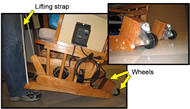 Image shows the mobility system. The left picture shows a side view of the chair with someone lifting it up via lifting strap, attached to the front legs of the chair. By lifting up on the strap, the chair is tilted back on the wheels, which are attached to angled wooden blocks screwed into the back legs of the chair. The right picture shows a closer view of the wheels. 