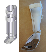 This image shows a CAD drawing (left) and photo (right) of the completed AFO design.  This demonstrates that the AFO will be hinged and grooves will be created during manufacturing to place the wires within the AFO. 