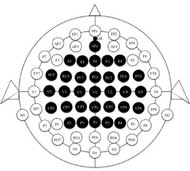 The 10-10 International Standard showing 64 EEG electrodes. The 32 electrodes used in teh experiments are highlighted.