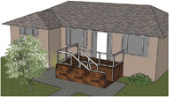  Alt text- A computer rendering of the staircase lift integrated into a typical Canadian bungalow-style home. The staircase lift is constructed sideways, adjacent to the front porch of the house and has a brick façade at the front to offer aesthetic integration with the home. 