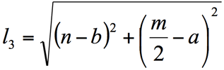 Expresses the length of cable 3 as function of the location of the end effector: Length of cable 3 is the square root of, n minus b square, plus half m minus a square