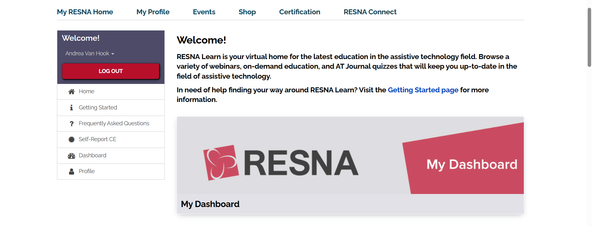 Screen shot of RESNA Learn Homepage, showing menu and "My Dashboard" Screen shot of RESNA Learn Homepage, showing menu and "My Dashboard"