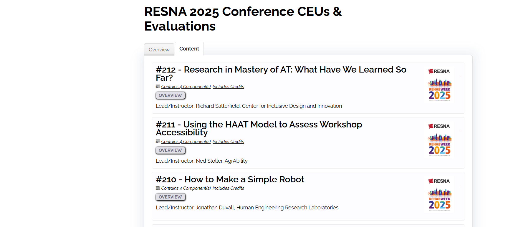 Screenshot showing RESNA conference sessions, listed by number Screenshot showing RESNA conference sessions, listed by number