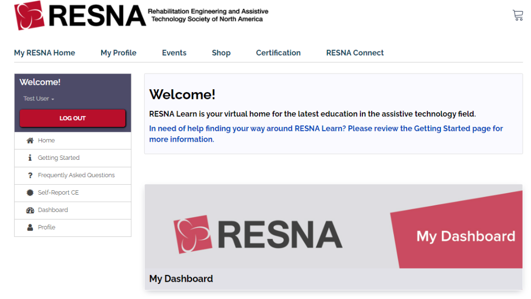 RESNA Learn - My Dashboard view RESNA Learn - My Dashboard view