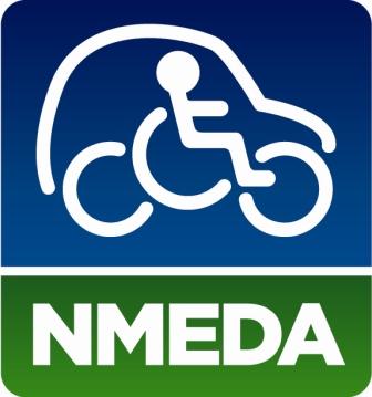 The logo for the National Mobility Equipment Dealers Association features a blue box with a white outline of a person in a wheelchair being transported in a car. There is a green rectangle below it with NMEDA written in white text.
