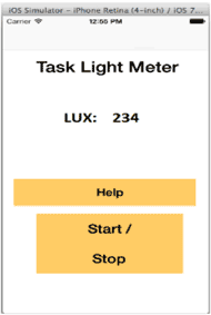 (1)	The light meter smartphone application screen contains a title “Task Light Meter”. Below the title the light meter reading is displayed as “Lux: 234”. Below the light meter reading, there is a golden color “Help” button. Below the “Help” button, there are “Start” and “Stop” buttons, both are golden color.   