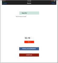This figure is a screenshot of the results page of the AR-B Access Slope mini tool app. At the top of the screen is the black navigation bar. Below this is a small light blue rectangle with the words “Slope Run” and text beneath that reading “This is the slop run tutorial”. Near the bottom, a small white box with white numbers shows the results, in this case “53.18”. Below that is a small red box with white text reading “Done”. At the bottom of a screen is a dark blue rectangle with white text reading “ RETAKE MEASUREMENT”. 