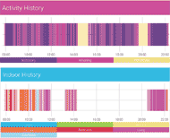 Figure 2: Activity and Indoor Daily Timeline Summary. This picture shows a website screenshot displaying 2 timeline barcharts. The upper timeline depicts a 24 hour day with bars at each minute, the color of each bar representing one of three Activity classes: Stationary, Wheeling, or Vehicle Use. The lower timeline depicts a 24 hour day with bars at each minute, the color of each bar representing the location of the user within one of seven different rooms of their indoor residence. 