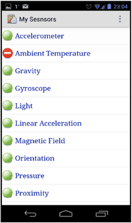 Main window shows list of available sensor with green icon and unavailable sensor with red icon.