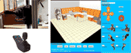 There are three pictures in Figure 2. The upper left picture shows a joystick mounted on the vertical track that can be used to control the track position in the kitchen. The lower left picture shows a joystick that can be used to control the end effector of the robotic manipulator. The right picture shows a control interface on a computer screen which can be used to control both the track and the robotic manipulator. The interface has a virtual kitchen layout that users can click to move the track to the desired position and the translation and rotation control panel of the robotic manipulator for users to control the position and orientation of the robotic manipulator.  