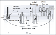 Picture of the complaint cushion loading indenter design. This picture shows the complaint indenter design which is based upon anthropometric data. It has an internal substructure to represent the major bony prominences ischial tuberosity and trochanter called Medial and Lateral Prominence in the figure. It is symmetrical and has two pressure transducers on the left side and 6 ultrasound transducers on the right.