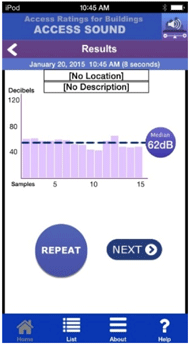 The mobile app displays the median of sound intensity. The data samples are represented  by a bar graph. The decibel values are on the y axis and the samples are on the x axis. The repeat and next button  is below the graph. 