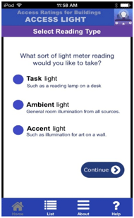 The Access Light app allows the user to select from  task light, ambient light or accent light. The continue button is below these three options.  