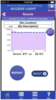 The results screen shows the median lux values. The repeat and next button are below the results. 