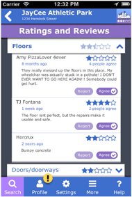 Relevant Reviews (AccessPlace screenshot of user reviews, sorted by user relevance) The key aspects of this screen are a series of reviews. There is user name, and five stars at the top of each review. This is followed by text. At the bottom of each review are buttons labeled “Report” and “Agree”.  