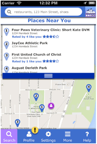 Initial View (AccessPlace screenshot showing the initial search screen populated with nearby places) The key aspects of this screen are the list of places near the top. Below is a map with matching numbers within the blue markers. 