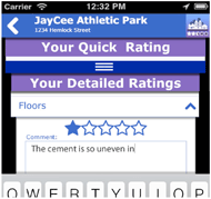 Review Submission (AccessPlace screenshot displaying the review submission interface) The key aspects of this screen are 5 stars, the first of which is blue and the others empty near the top. There is a text box below this, and a keyboard is visible. 