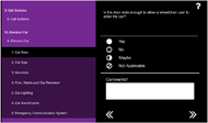 A screenshot of the Access Tools application.  On the left side of the screen, text is arranged in an outline format, each line referencing part of a building feature.  On the right side of the screen, a question about the building feature is posed, with multiple choice responses for the user to pick from.