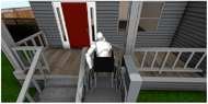 Entrance modified with a vertical lift. The image shows an avatar who uses a manual wheelchair riding up on the lift and pushing open the lift gate at the top of the porch.