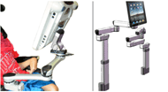Two illustrations with concept drawings of powered system configurations.  Panel 1 shows a hybrid system with a manual mount, but a Single powered joint for power tilt; Panel 2 shows two images of a Dual Arm powered system with powered lift. One is extended and raised; the other is folded one arm above the other and lowered.  