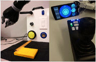 Figure 3 shows the Jaco ARM and ADL Task Board on the left and touch-joystick control interface on a smartphone and the original joystick controller on the right.  