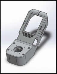 Figures 1 and 2: The image on the left is a gray isometric view of the top of the user interface housing CAD model.  The top of the housing has 3 walls and contains rounded openings for the joystick, mode select switch, potentiometer, and connecting bolts.   Additionally, it contains a large rectangular opening for the LCD screen. The image on the right is a gray isometric view of the bottom plate of the user interface housing CAD model. The bottom plate contains fixturing mechanisms for the nuts and bolts as well as holes for the attached wires.  Both items are printed using Fused Deposition Modeling 3D printing. 