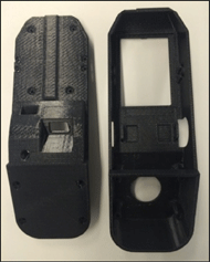 Figures 3 and 4: Both the images on the right and left show a top and bottom view of the Fused Deposition Modeling (FDM) 3D printed CAD models of housing. The top of the black housing has 3 walls and contains openings for the joystick, mode select switch, potentiometer, LCD screen, and connecting bolts.  The black bottom plate has a top half that is angled at 30 degrees and contains fixturing mechanisms for the nuts and bolts as well as holes for the attached wires. 